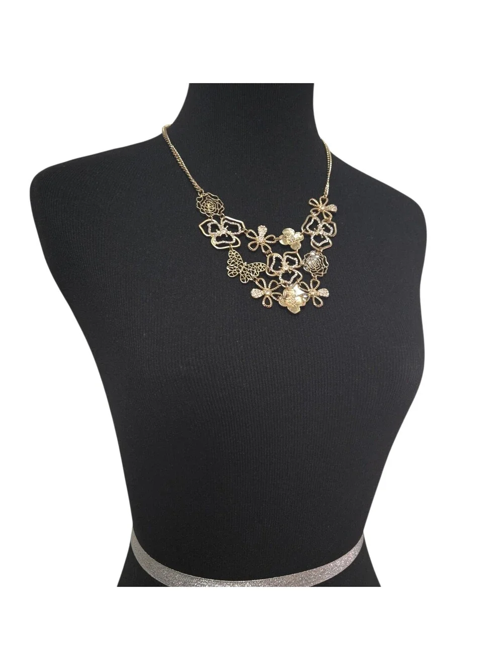 Gold Tone Floral Statement Necklace Crystal Rhinestone Flowers & Butterfly EUC